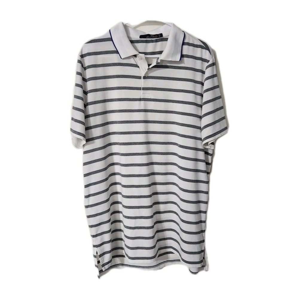 RLX Ralph Lauren Golf Polo Grey White Striped Purple Trim Spanish Oaks Shirt,  L